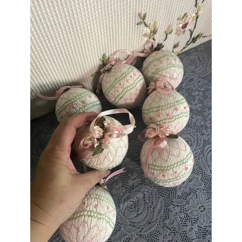 Handmade Smocked Satin Ball Ornaments Lot Pink Green Embroidery Ribbon Roses